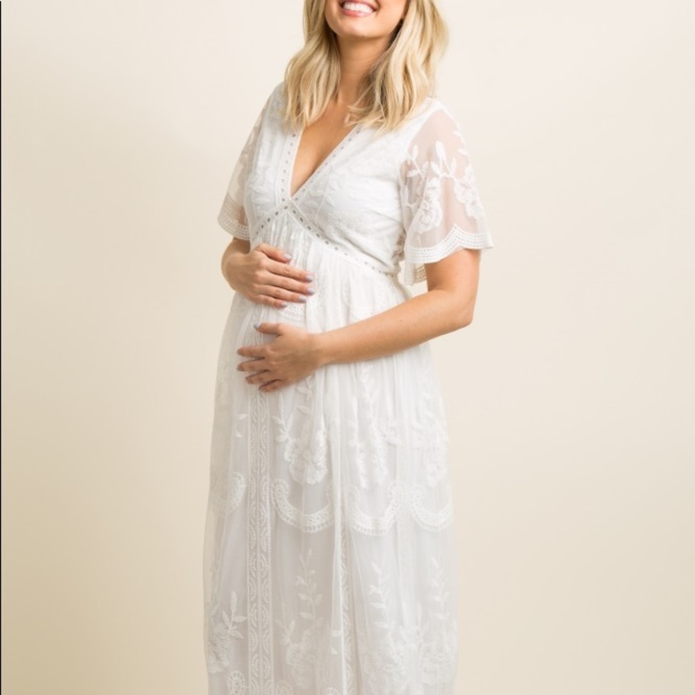 PinkBlush White Lace Mesh Overlay Maternity Maxi